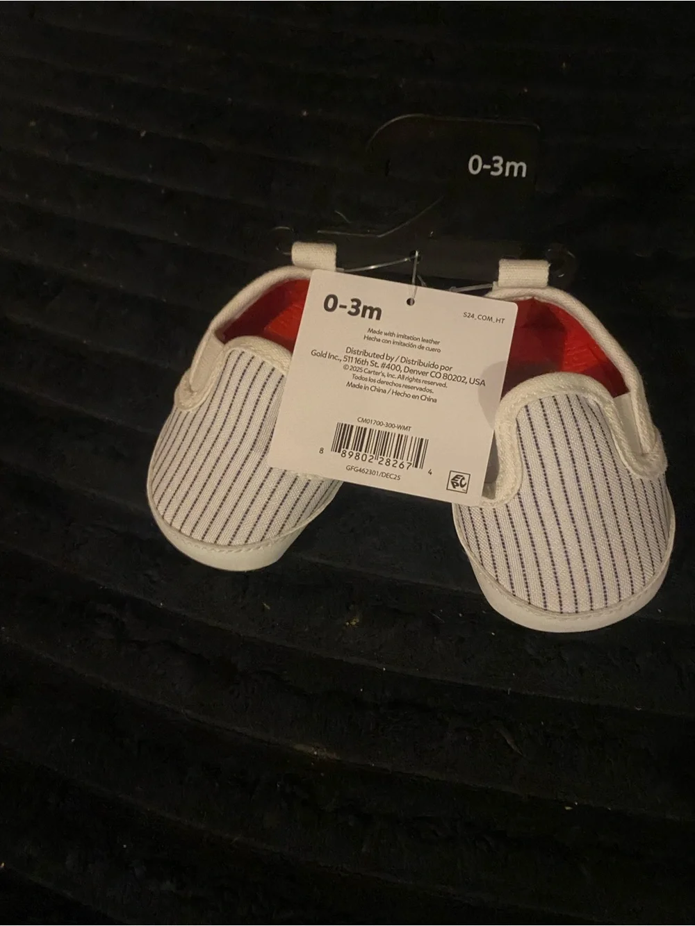 Carter's White Canvas Baby Slip-On Shoes with Navy Pinstripes